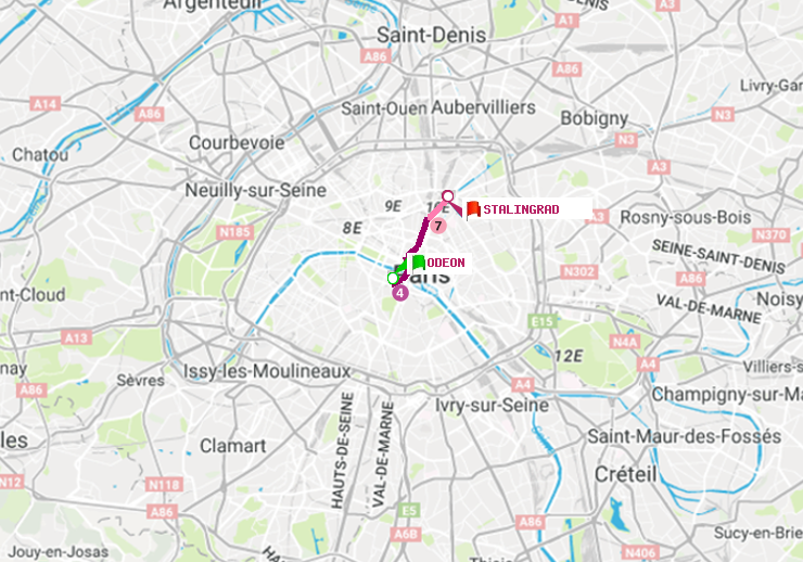 plan itinéraire ratp de Odéon à Stalingrad