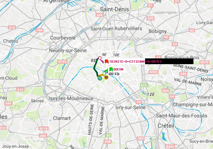 plan itinéraire ratp de Odéon à Trinité-d