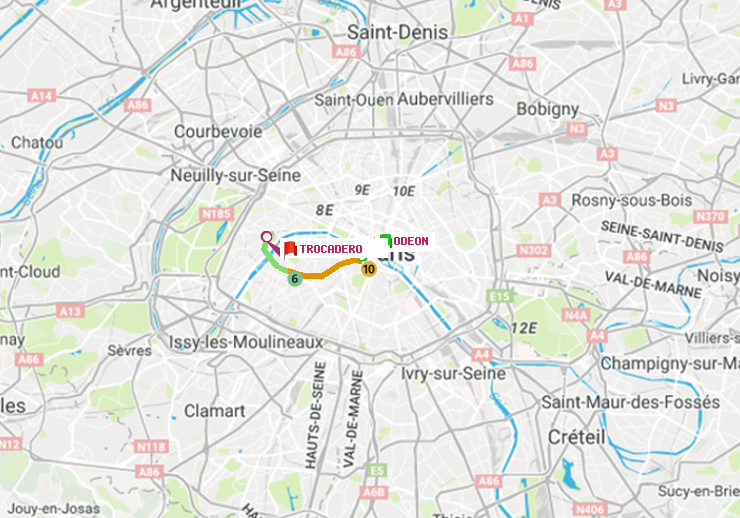 plan itinéraire ratp de Odéon à Trocadéro