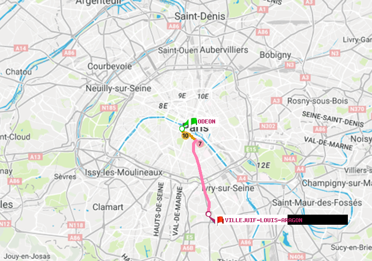 plan itinéraire ratp de Odéon à Villejuif-Louis Aragon