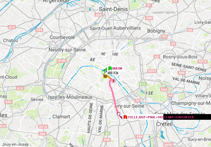 plan itinéraire ratp de Odéon à Villejuif-Paul Vaillant Couturier (Hôpital Paul Brousse)