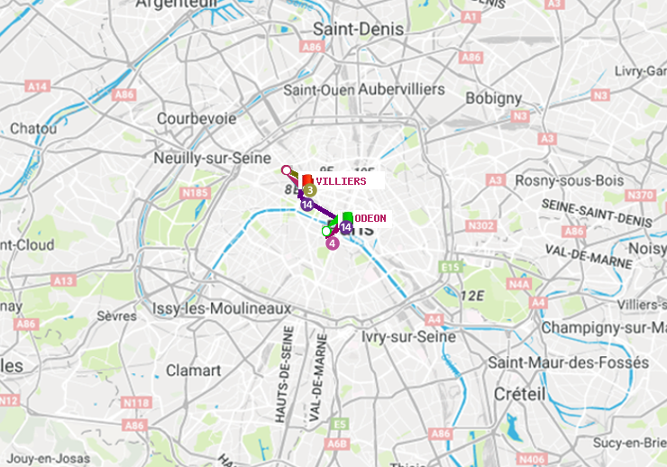 plan itinéraire ratp de Odéon à Villiers