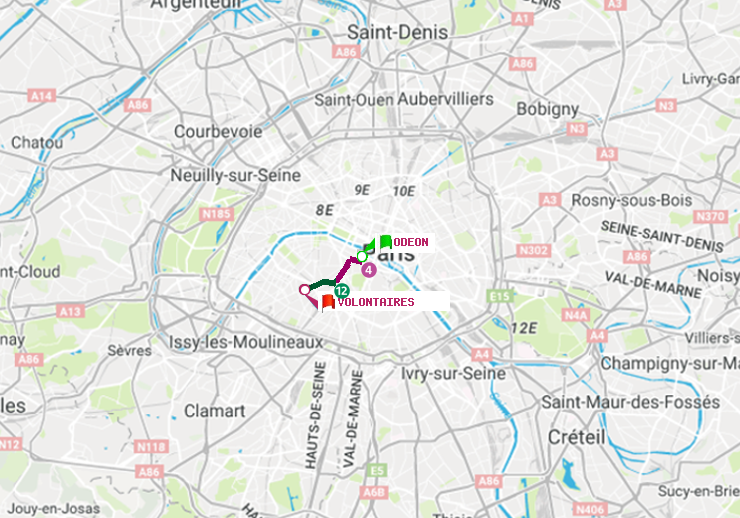 plan itinéraire ratp de Odéon à Volontaires