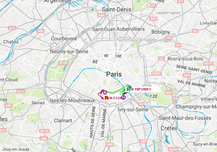 plan itinéraire ratp de Olympiades à Alésia
