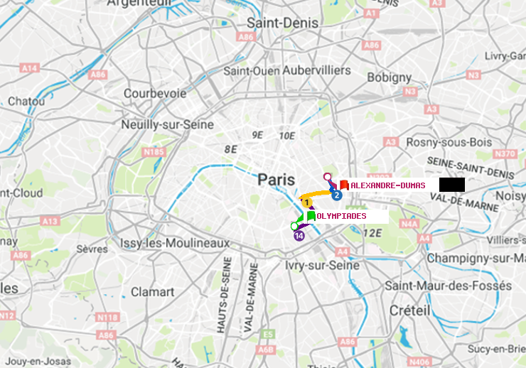 plan itinéraire ratp de Olympiades à Alexandre-Dumas