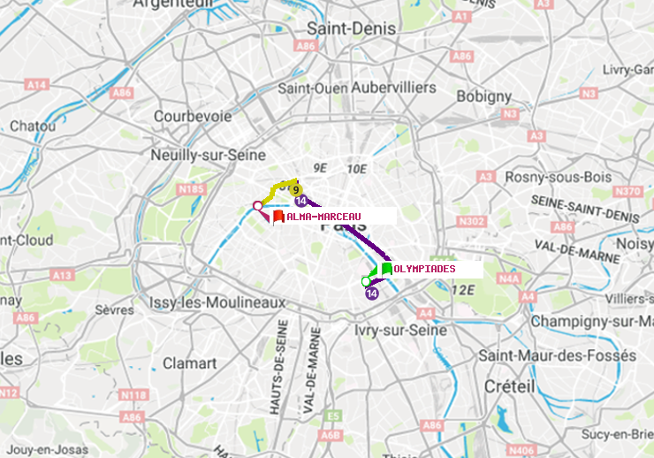 plan itinéraire ratp de Olympiades à Alma-Marceau