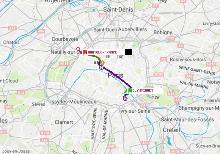 plan itinéraire ratp de Olympiades à Anatole-France