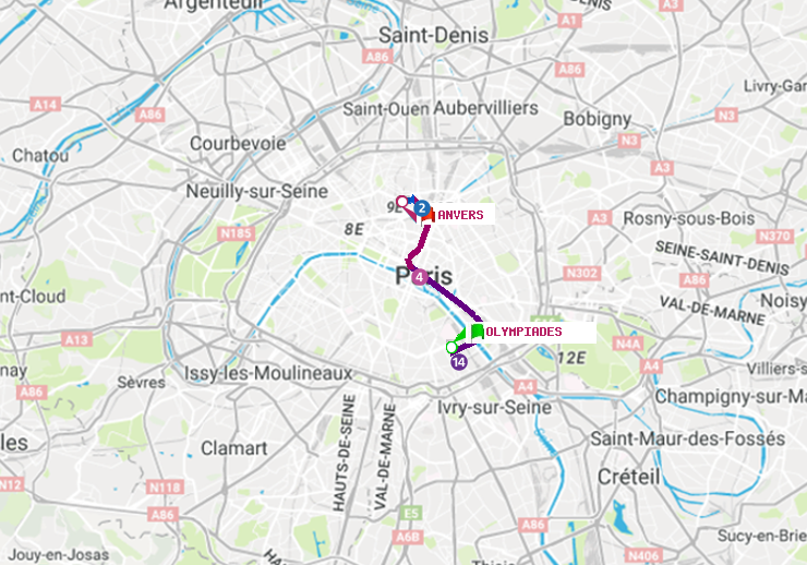 plan itinéraire ratp de Olympiades à Anvers