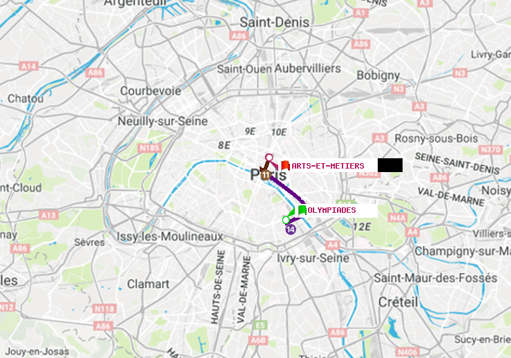 plan itinéraire ratp de Olympiades à Arts-et-Métiers