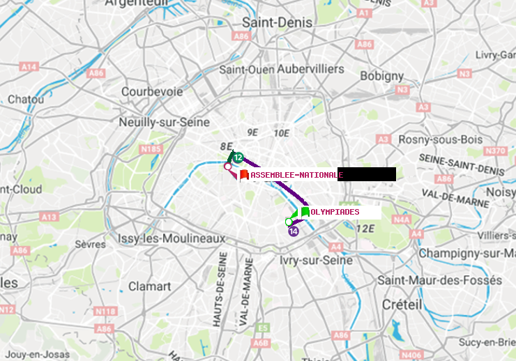 plan itinéraire ratp de Olympiades à Assemblée Nationale