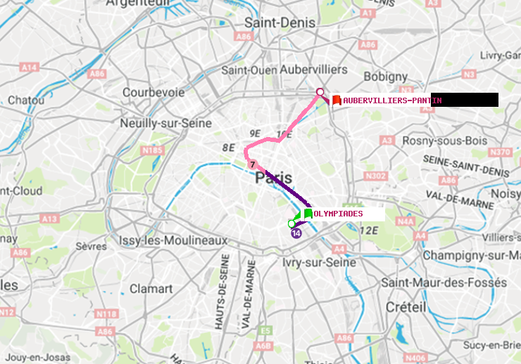 plan itinéraire ratp de Olympiades à Aubervilliers Pantin (4 Chemins)