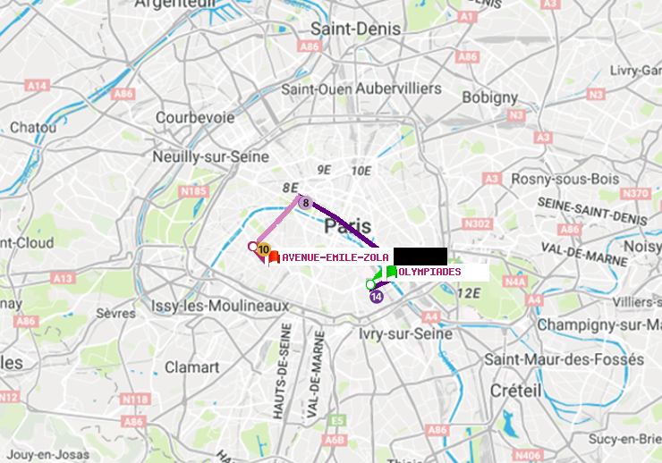 plan itinéraire ratp de Olympiades à Avenue Emile-Zola