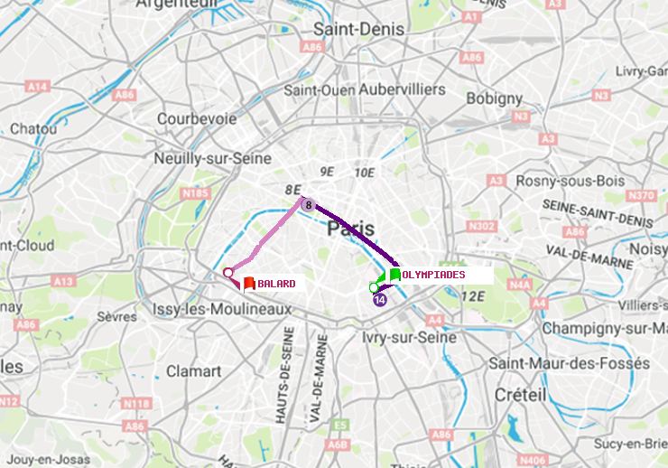 plan itinéraire ratp de Olympiades à Balard