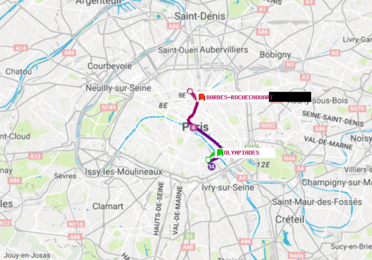 plan itinéraire ratp de Olympiades à Barbès-Rochechouart