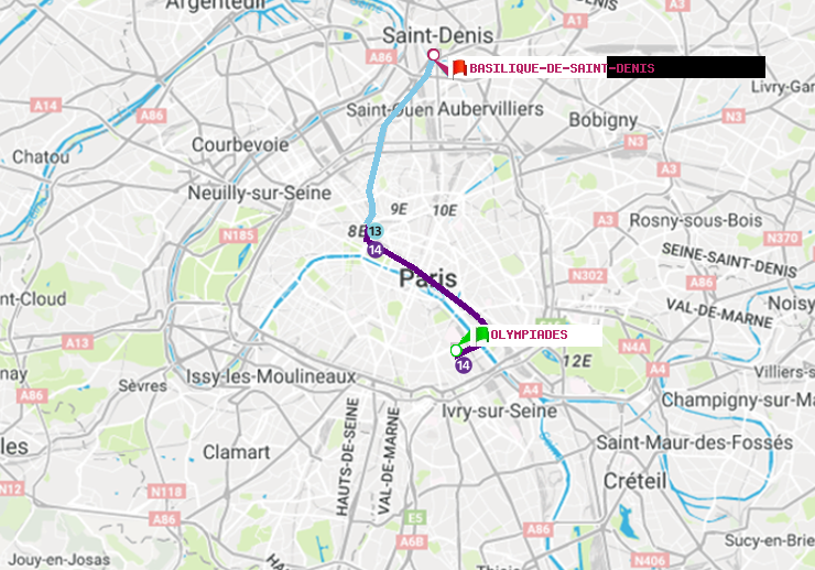 plan itinéraire ratp de Olympiades à Basilique de Saint-Denis