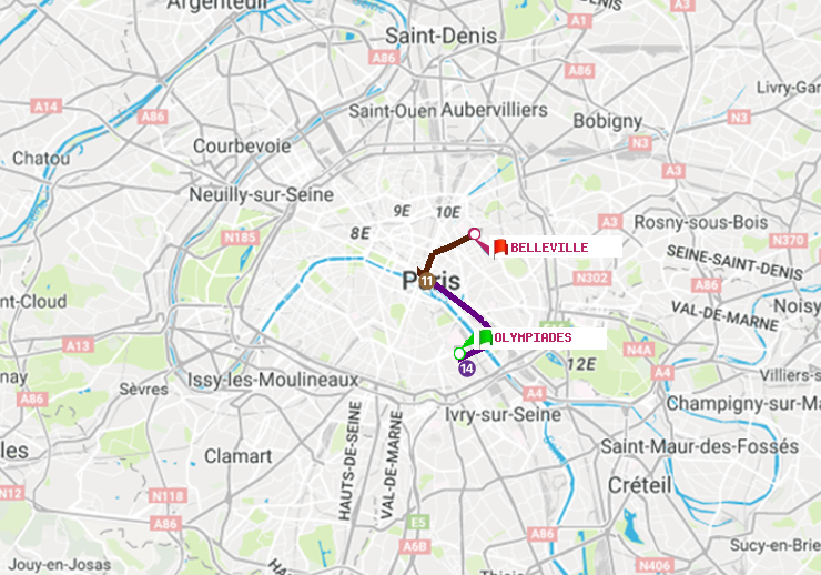 plan itinéraire ratp de Olympiades à Belleville