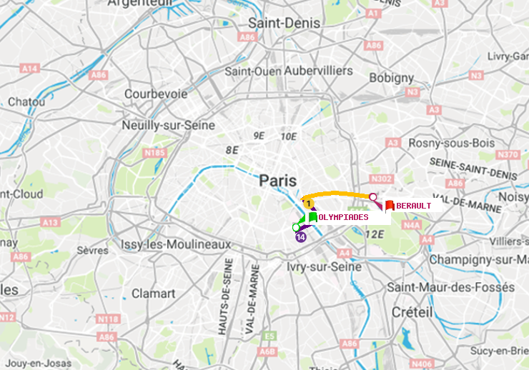 plan itinéraire ratp de Olympiades à Bérault