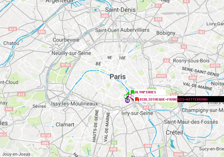 plan itinéraire ratp de Olympiades à Bibliotheque-Francois Mitterrand