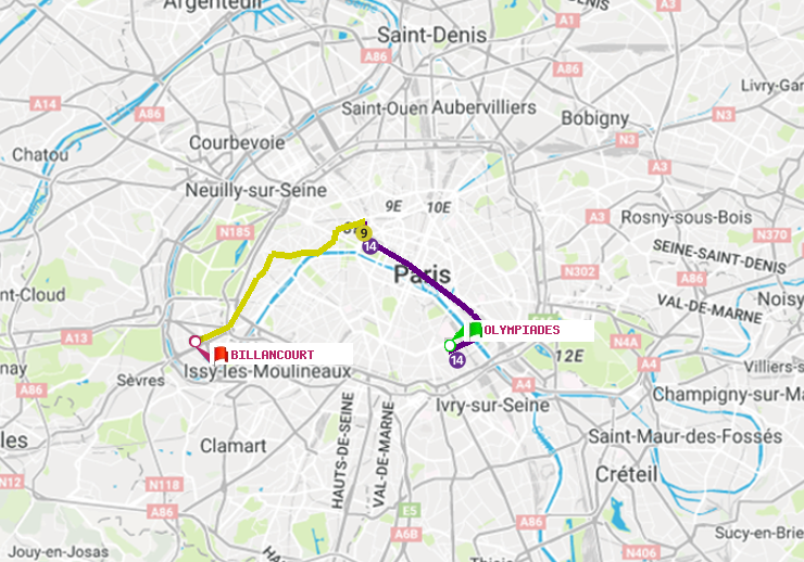plan itinéraire ratp de Olympiades à Billancourt