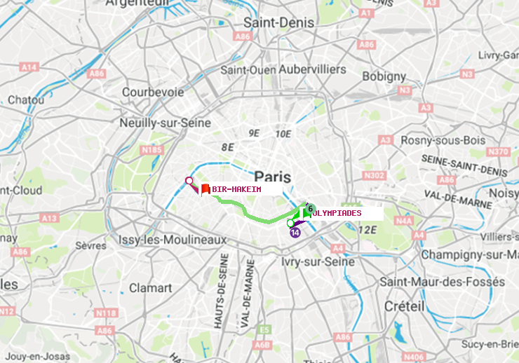 plan itinéraire ratp de Olympiades à Bir-Hakeim (Grenelle)