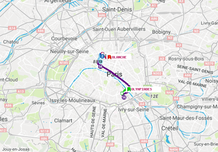 plan itinéraire ratp de Olympiades à Blanche