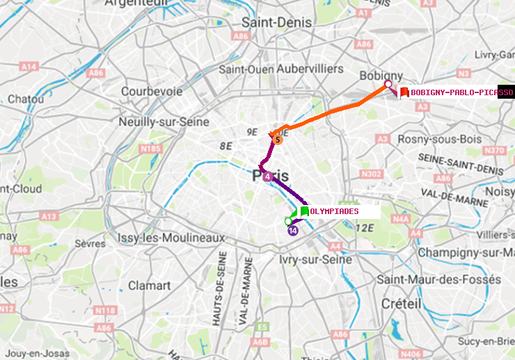plan itinéraire ratp de Olympiades à Bobigny-Pablo-Picasso