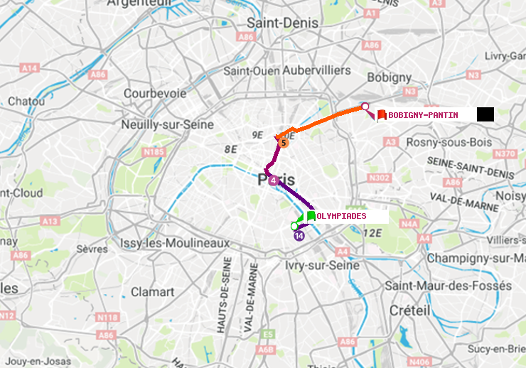 plan itinéraire ratp de Olympiades à Bobigny-Pantin (Raymond Queneau)