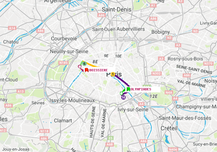 plan itinéraire ratp de Olympiades à Boissière