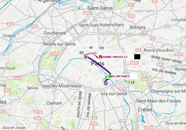 plan itinéraire ratp de Olympiades à Bonne Nouvelle