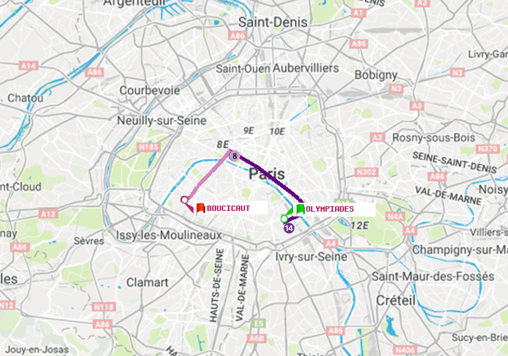 plan itinéraire ratp de Olympiades à Boucicaut