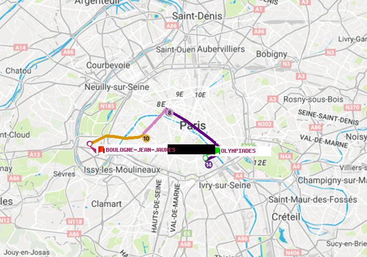 plan itinéraire ratp de Olympiades à Boulogne-Jean-Jaurès