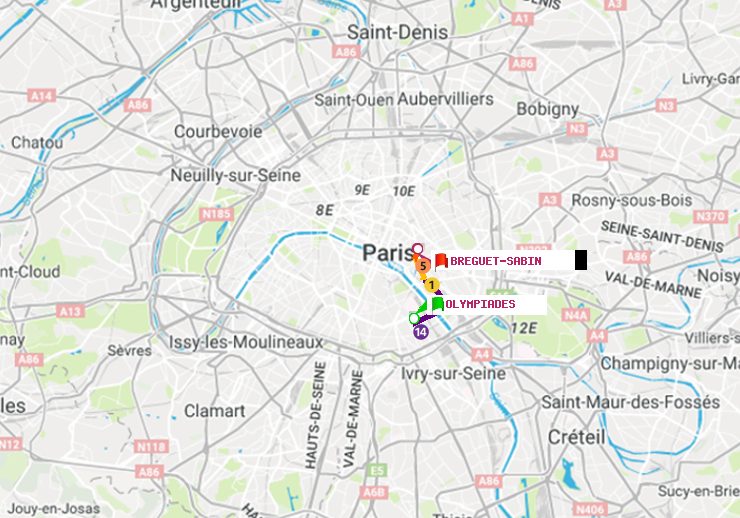 plan itinéraire ratp de Olympiades à Bréguet-Sabin