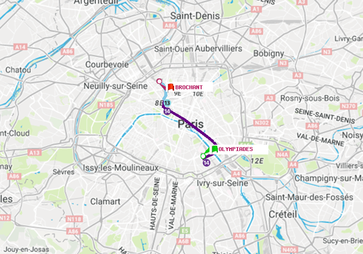plan itinéraire ratp de Olympiades à Brochant