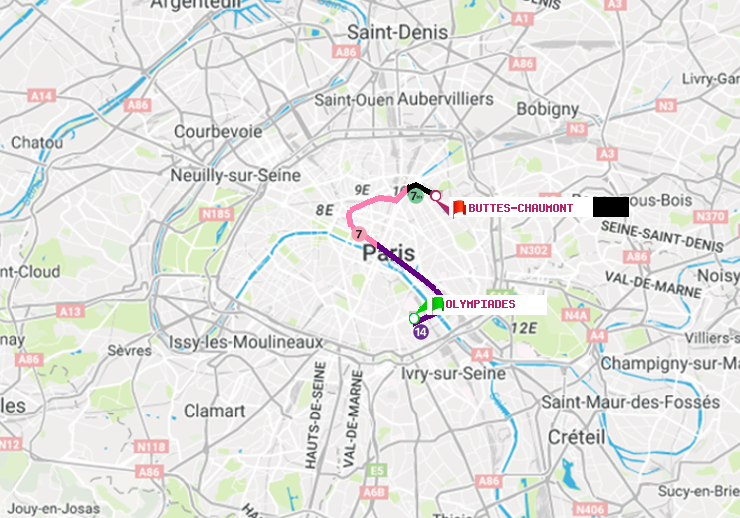 plan itinéraire ratp de Olympiades à Buttes-Chaumont