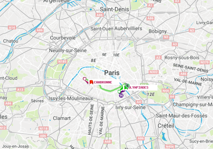plan itinéraire ratp de Olympiades à Cambronne
