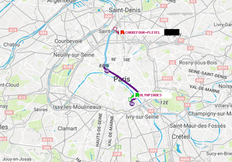 plan itinéraire ratp de Olympiades à Carrefour-Pleyel