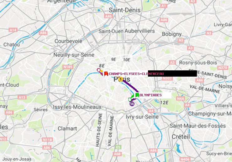 plan itinéraire ratp de Olympiades à Champs-Elysées-Clémenceau