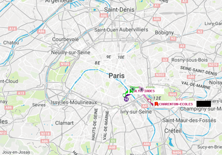 plan itinéraire ratp de Olympiades à Charenton-Ecoles