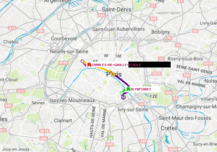 plan itinéraire ratp de Olympiades à Charles de Gaulle-Etoile