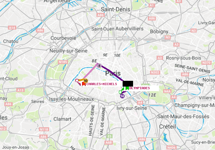 plan itinéraire ratp de Olympiades à Charles Michels