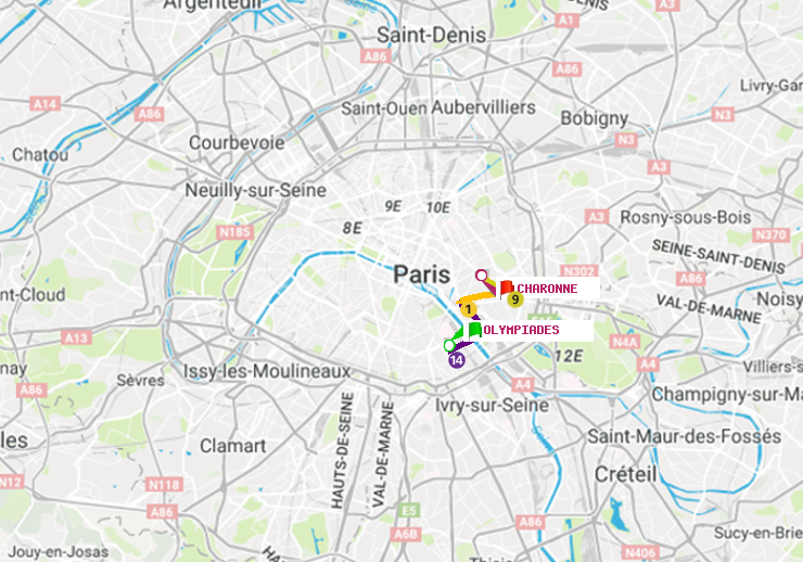 plan itinéraire ratp de Olympiades à Charonne