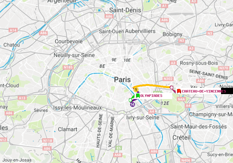 plan itinéraire ratp de Olympiades à Château de Vincennes