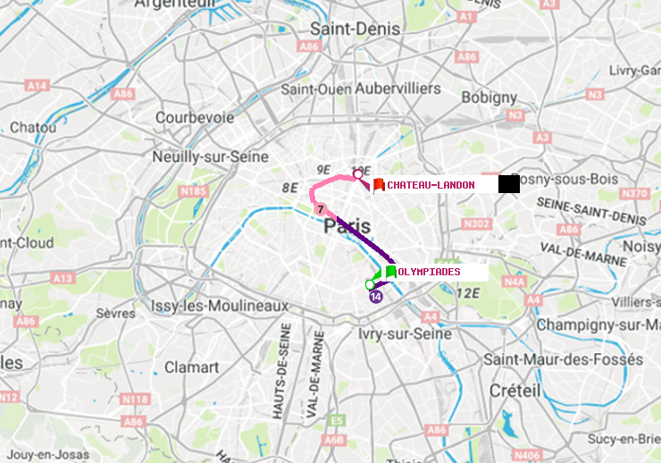 plan itinéraire ratp de Olympiades à Château Landon
