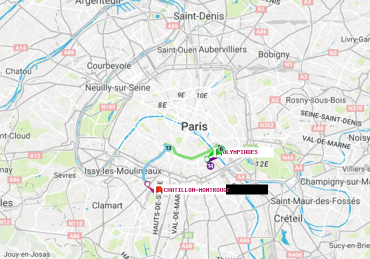 plan itinéraire ratp de Olympiades à Châtillon Montrouge