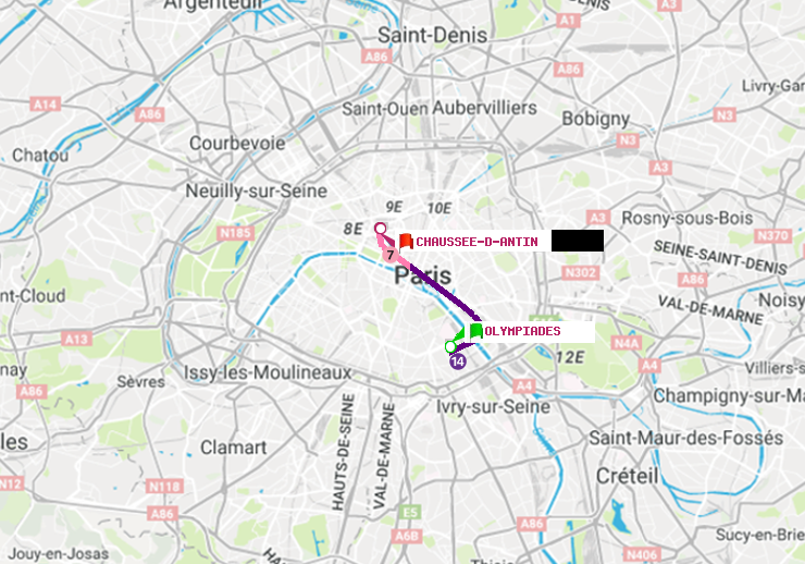 plan itinéraire ratp de Olympiades à Chaussée d