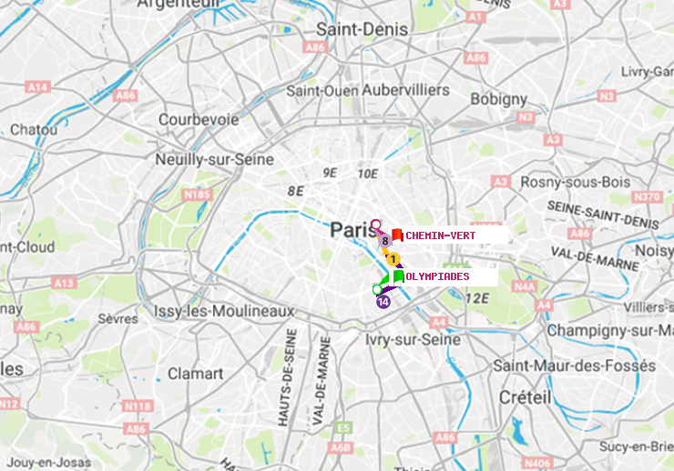 plan itinéraire ratp de Olympiades à Chemin Vert