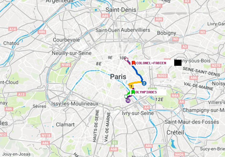 plan itinéraire ratp de Olympiades à Colonel Fabien