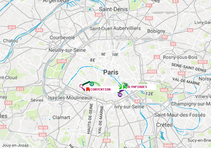 plan itinéraire ratp de Olympiades à Convention