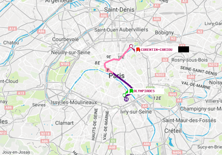 plan itinéraire ratp de Olympiades à Corentin-Cariou