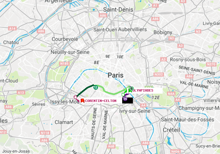 plan itinéraire ratp de Olympiades à Corentin-Celton